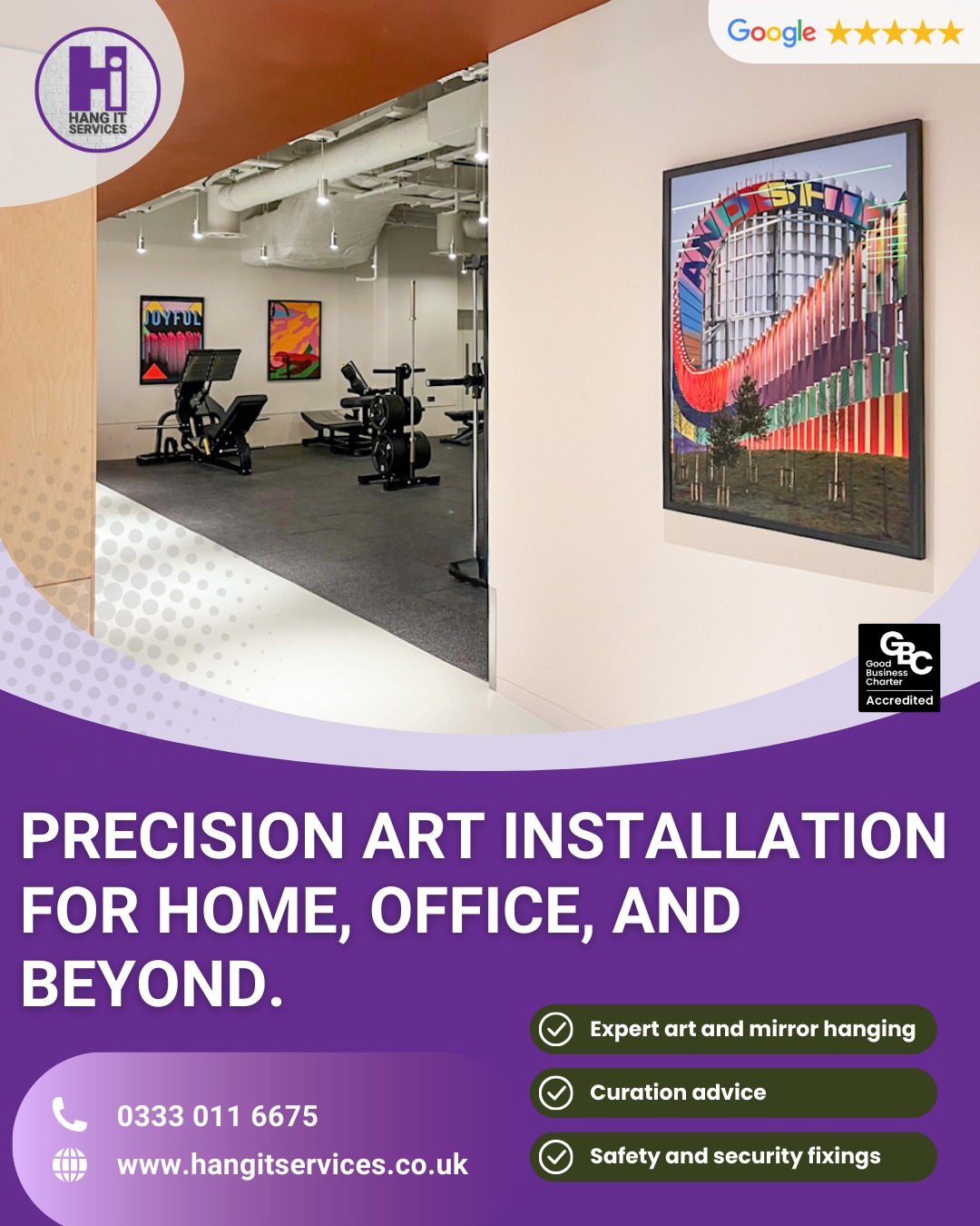 From high-traffic commercial gyms to the quiet corners of your home, we bring the same level of precision and security to every project. We specialise in expert curation and safety-first fixings, ensuring your art looks incredible and stays exactly where it should—no matter the environment.

Book your installation at www.hangitservices.co.uk or call 0333 011 6675.

#ArtInstallation #ArtCuration #InteriorDesign #ProfessionalHanging #PictureHanging #CommercialInterior #OfficeDesign #ArtServices #SafeAndSecure #HangItServices