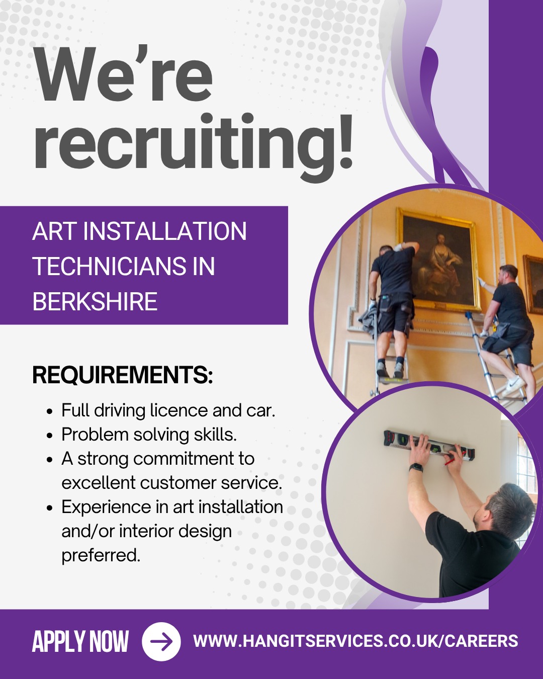 We're looking for Art Installation Technicians based in Berkshire to join the Hang It Services team.
You'll be working in clients' homes and commercial spaces, hanging artwork and mirrors to a high standard. No two jobs are the same — one day you're in a country house, the next a new-build apartment.
What we need from you:
Full UK driving licence and your own car
A calm, professional manner with clients
Good problem-solving on the job
Experience in art installation or interior design is a plus
If that sounds like you, we'd love to hear from you. Apply at www.hangitservices.co.uk/careers or drop us a message here.
#NowHiring #Hiring #JobAlert #UKJobs #BerkshireJobs #Berkshire #ArtInstallation #InteriorDesign #TradesJobs #JobOpportunity #HangItServices