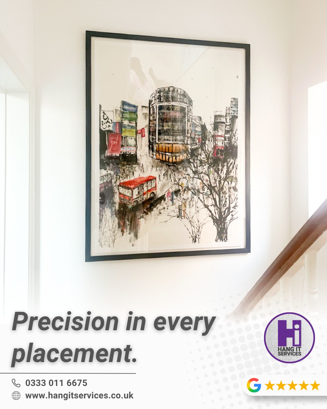 Hallways and staircases offer the perfect canvas for bold, eye-catching artwork. But hanging them safely on an incline or at an awkward height? That is where we come in.

We brought 'Precision in every placement' to this recent installation, ensuring the piece is perfectly balanced against the angle of the stairs and structurally secure for a high-traffic area.

Why choose a specialist?
✅ Electronic wall scanning for hidden cables/pipes
✅ Tailored, heavy-duty safety fixings
✅ Millimetre-perfect alignment

Let us handle the technical details while you enjoy the final look.

Serving Berkshire, Surrey, Sussex, Hampshire, and London:
📞 0333 011 6675
🌐 www.hangitservices.co.uk

#HangItServices #ArtInstallationMadeEffortless #InteriorDesignUK #StaircaseDecor #ArtHanging #FramedArt #SurreyInteriors #HomeStyling