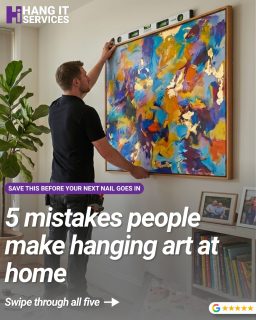 Most walls tell the story of at least one of these.  5 mistakes people make when hanging art at home:  1️⃣ Hanging too high — art should sit at eye level (around 145–150cm to centre), not up near the ceiling.  2️⃣ Trusting a single nail for a heavy frame — anything over 5kg needs proper wall fixings, not just a picture hook.  3️⃣ Ignoring the wall type — what works on plasterboard fails on brick. Concrete is a different job again.  4️⃣ Going by gut feel on spacing — in a gallery arrangement, equal gaps make everything look intentional.  5️⃣ Skipping the spirit level — one degree off looks fine in the moment. You'll notice it every time you walk past.  Sound familiar? Drop us a message — we'll be happy to fix any of the above. 👇
📞 0333 011 6675 | 🌐 www.hangitservices.co.uk  #ArtHanging #HomeDecor #WallArt #InteriorDesign #HangItServices #PictureHanging #HomeInteriors #ArtInstallation #WallDecor