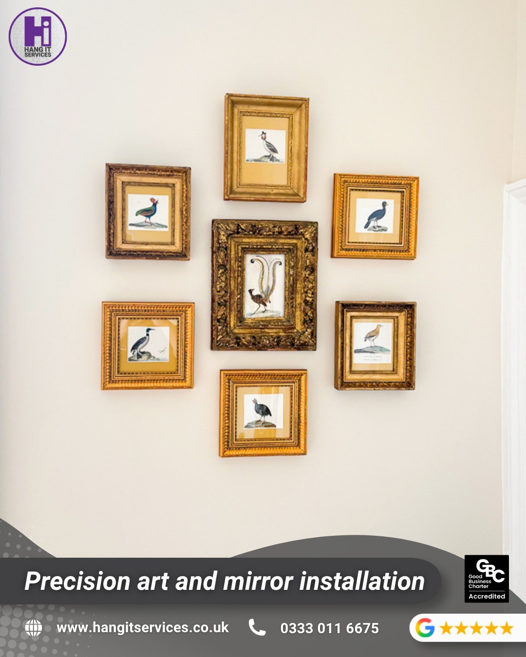 Precision in the pattern. 🕊️⚜️

A traditional diamond cluster requires absolute balance. If one frame is slightly out of line, the entire geometric effect is lost.

We created a beautifully balanced focal point using a collection of classic gold-framed prints.

Our mathematical approach to cluster layouts:
✅ Laser-guided measurement matrix for uniform margins
✅ Subsurface electronic scanning to protect your walls from cables/pipes
✅ Heavy-duty, secure fixings that prevent frames from shifting over time

Don't risk a DIY headache—let our specialists handle the mapping and drilling.

Serving London, Berkshire, Bucks, Surrey, Hampshire, and London:
📞 0333 011 6675
🌐 www.hangitservices.co.uk

#HangItServices #ArtInstallationMadeEffortless #GalleryWallGoals #SymmetricalArt #InteriorDesign #ClassicInteriors #PrecisionHanging #SurreyHomes