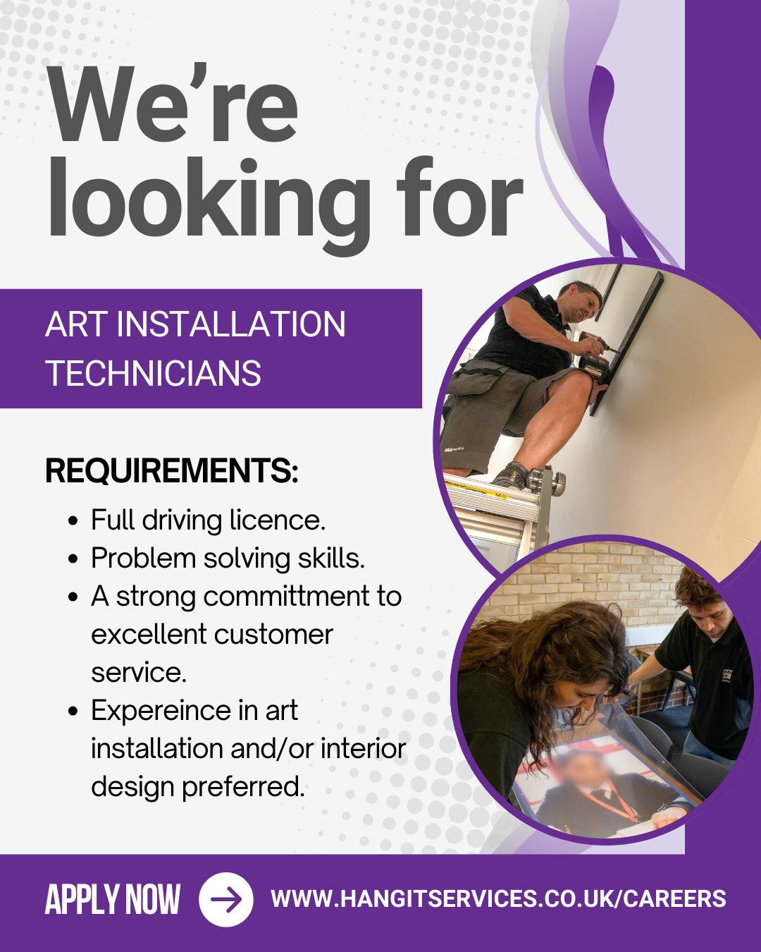 We’re Hiring: Art Installation Technicians! 📍 London & SE England

Help us bring vision to life at Hang It Services. We’re looking for meticulous individuals with a passion for art and a professional edge.

Requirements:

Full, clean driving licence 🚗
Background in art/interiors (preferred)
A keen eye for detail and a "flawless finish" attitude

Details & Application: https://hangitservices.co.uk/careers/

#Hiring #JobVacancy #ArtInstallation #Careers #InteriorDesign #TechnicianJobs #Recruitment #HangItServices #JoinOurTeam