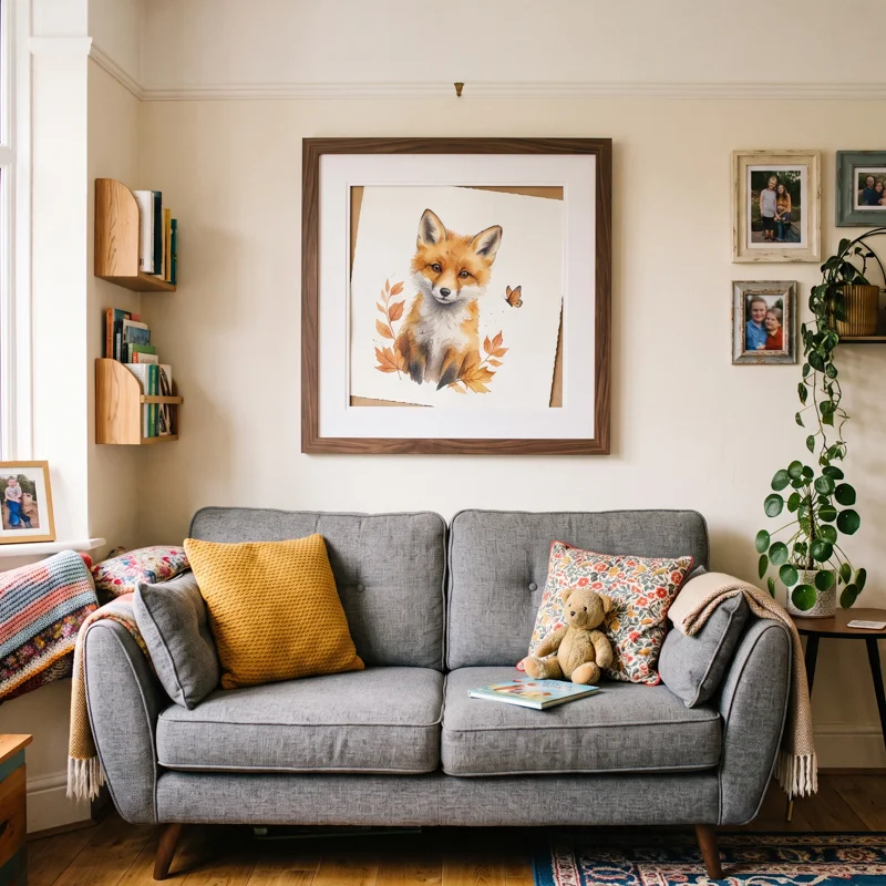 An image of a watercolour painting of a fox that has slipped in its frame due to heat